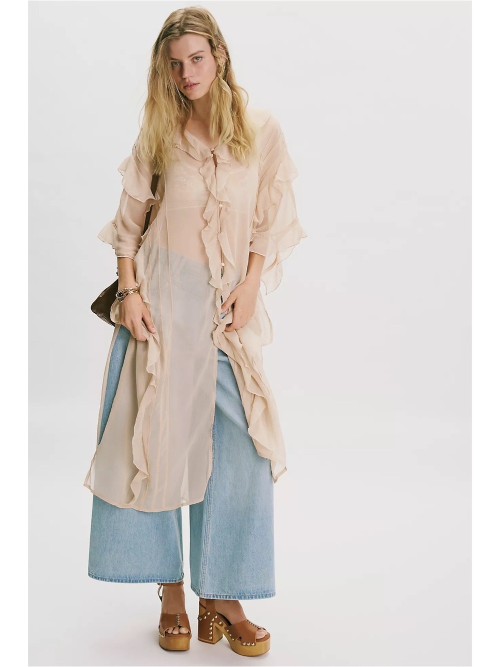 Free People Dainty Ethereal Bohemian Winter Valley Ruffle Kimono Champagne OS